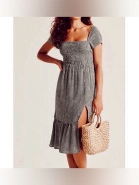 Abercrombie & Fitch Black and White Gingham Smocked Midi Dress with Side Slit